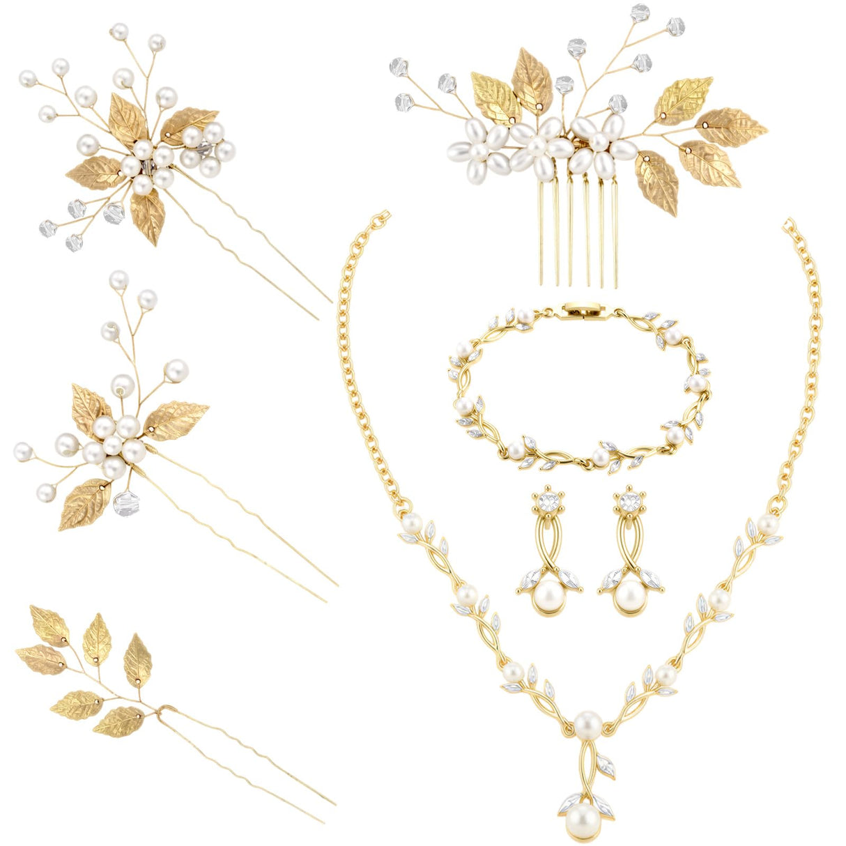 Liliaafar 8 Pcs Crystal Wedding Jewelry Set Women Silver Necklace Earrings Bracelet Hair Pins Gift for Brides Bridesmaid Wife Mother Friend Party Prom Jewelry Accessories (Leaf)
