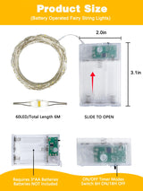 6 Pack Fairy Lights Battery Operated with Timer, Each 20FT 60LED Christmas String Lights Outdoor Indoor, Cuttable Battery Twinkle Light for Bedroom Home Wedding DIY Christmas Decorations (Warm White)