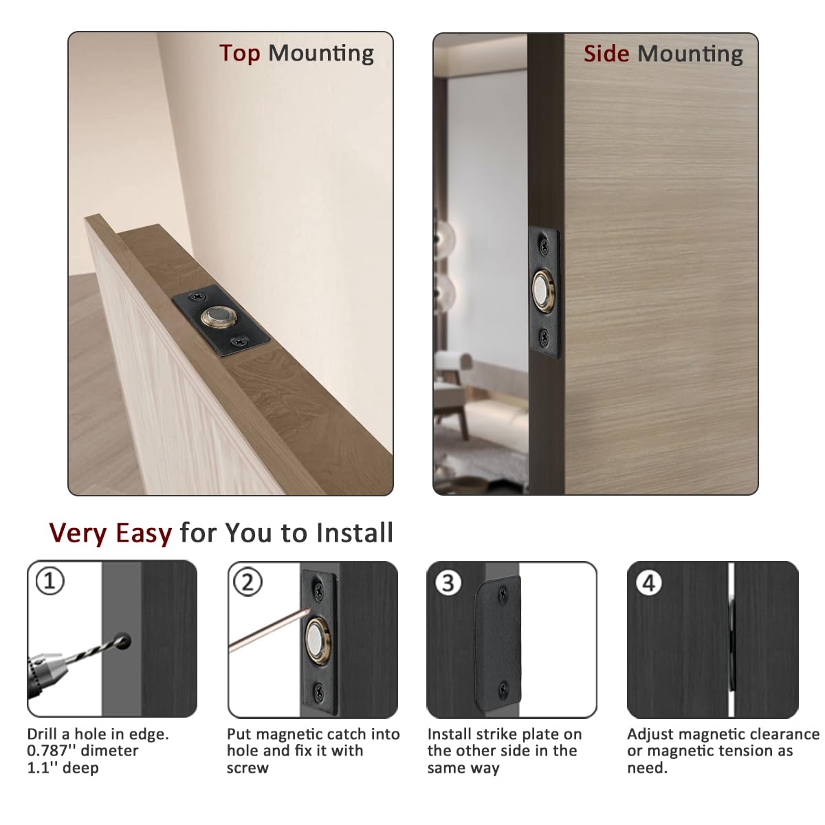 JQK Closet Magnetic Door Ball Catch Hardware, 430 Stainless Steel Catch Adjustable with Strike Plate, Black Finish 4 Pack, HBC120-BK-P4