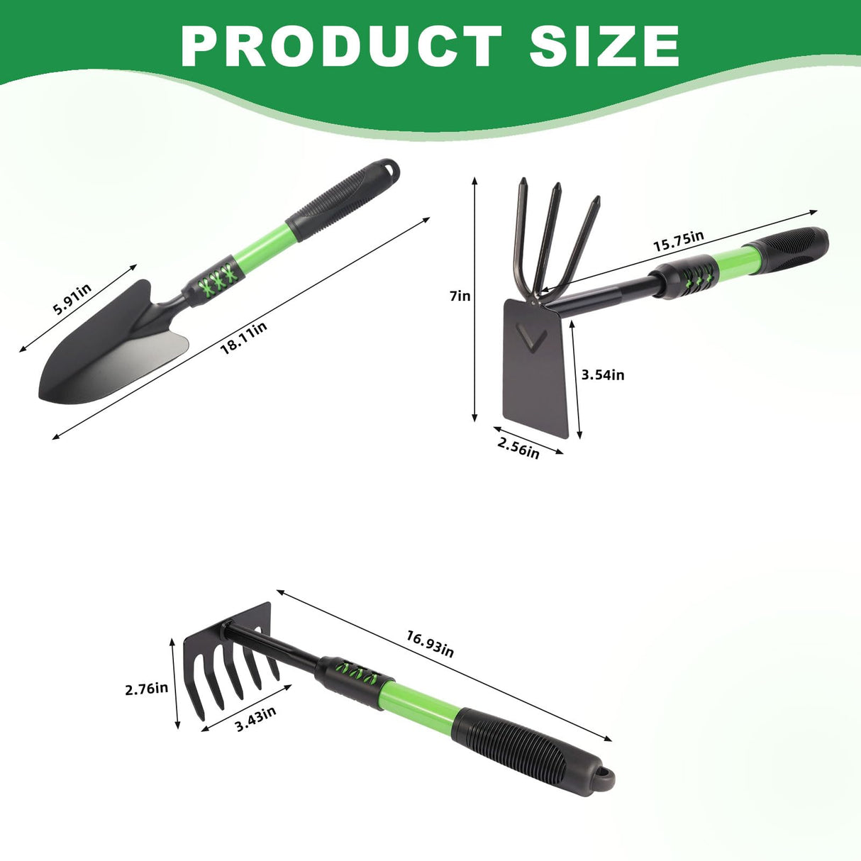 Zenrok Gardening Tool, 3 Pack Lightweight Heavy Duty Spade Shovel, Garden Tools and Hand Rake with Soft Rubber Non-Slip Handle, for Gardenging Planting Weeding Digging, Green ﻿