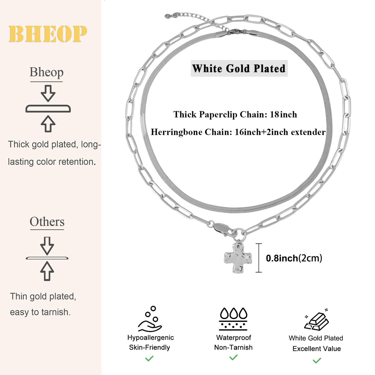 Bheop Chunky Cross Necklace for Women, Silver Layered Herringbone Necklace