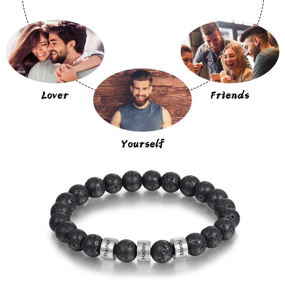 Personalized Beads Bracelets for Men Chakra Stone Bracelets Custom Initial Name Bracelet Mens Malachite Tiger Eye Lava Stone Bracelet Gifts for Him (Black-Lava-silver-2)
