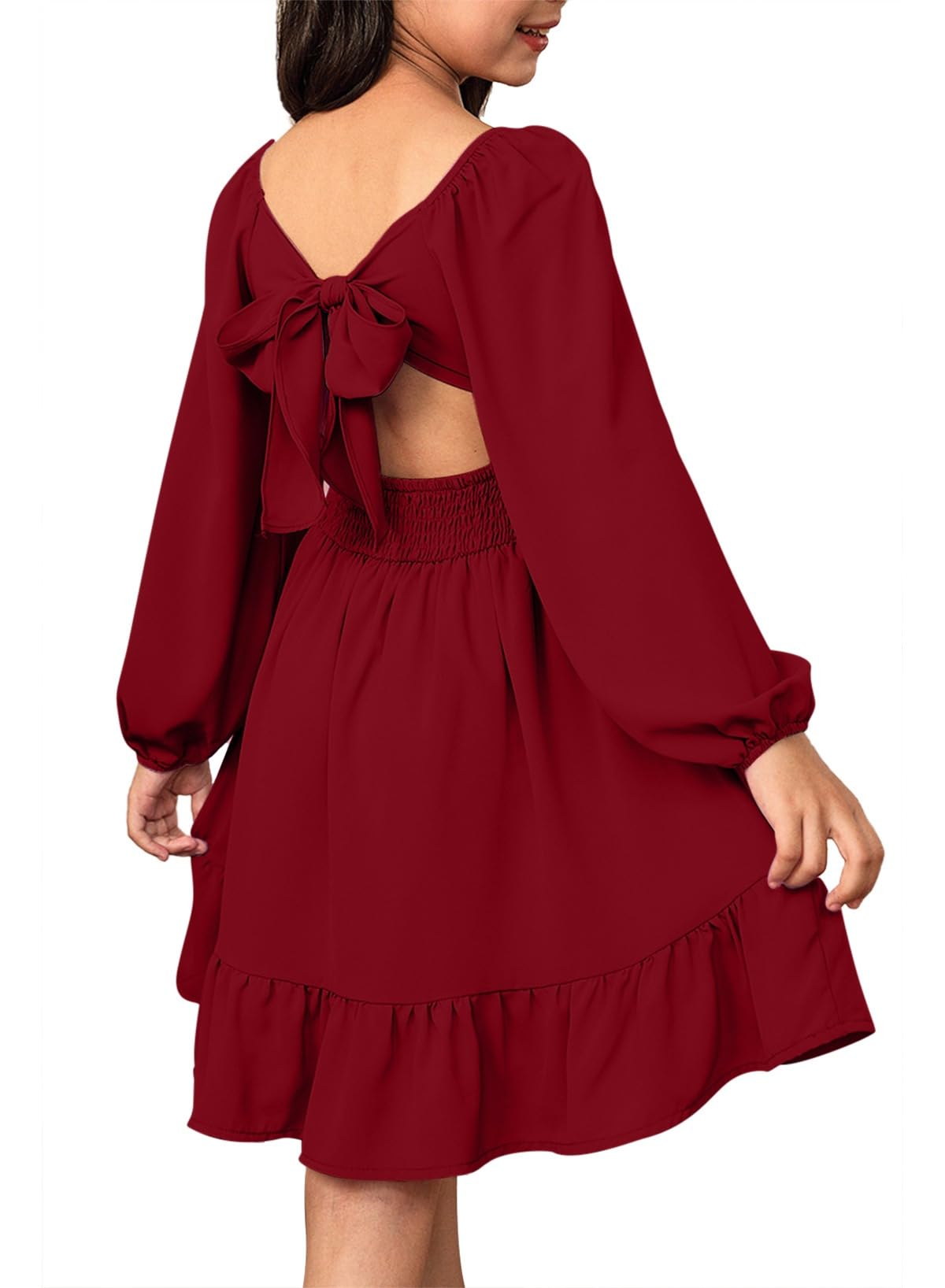 blibean Girls Long Sleeve Tie Back Dress Teen Fall Boho Wedding Guest Dresses Tween Holiday Formal Outfit Big Kids Cute Dance Christmas Clothes Size 12-13 Years Old Red