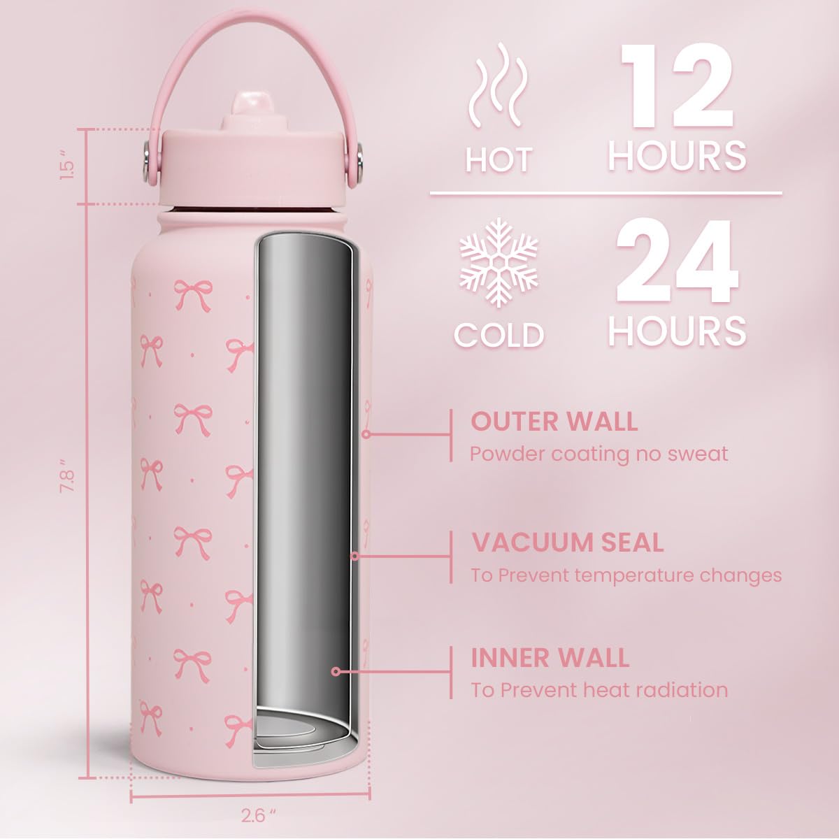 SANDJEST Pink Bow Water Bottle Stainless Steel Insulated Vacuum 32oz with Lid, Gifts for Women Girls Teens Birthday Christmas