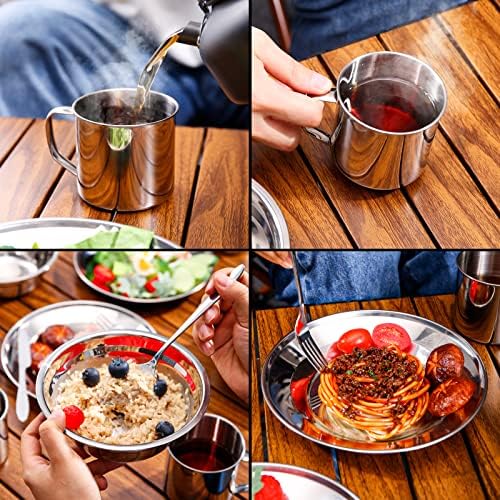 Odoland 29pcs Stainless Steel Utensils Camping Tableware Kit with Bowls Plates Cups Forks Spoons and Knives for 4, Cutlery Flatware Set for Backpacking, Outdoor Camping Hiking and Picnic