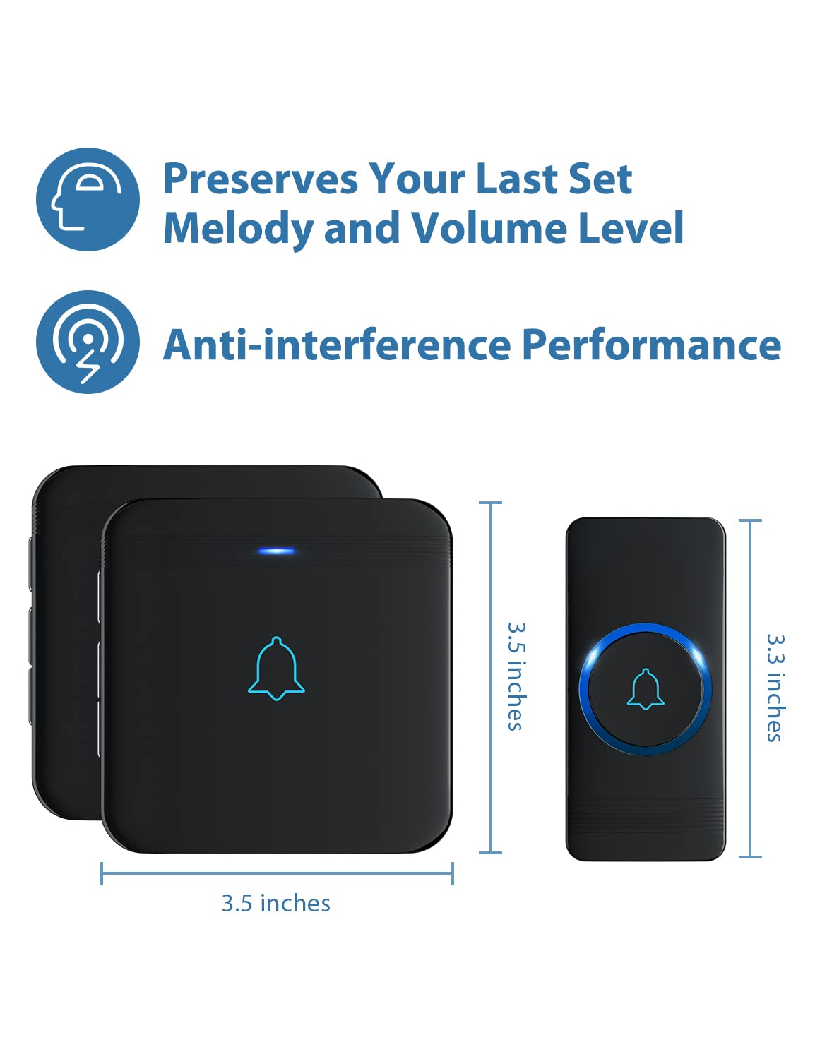 AVANTEK Wireless Doorbell, Waterproof Door Bell Chime Operating at over 1300 Feet, Classroom Doorbell with 52 Melodies, CD Quality Sound and LED Flash, 1 Button + 2 Plug-in Receivers, D-3B
