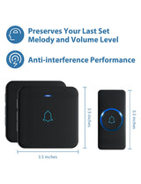 AVANTEK Wireless Doorbell, Waterproof Door Bell Chime Operating at over 1300 Feet, Classroom Doorbell with 52 Melodies, CD Quality Sound and LED Flash, 1 Button + 2 Plug-in Receivers, D-3B