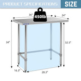 Hally Open Base Stainless Steel Table 24 x 36 Inches, NSF Commercial Heavy Duty Prep & Work Table with Galvanized Legs for Restaurant, Home and Hotel