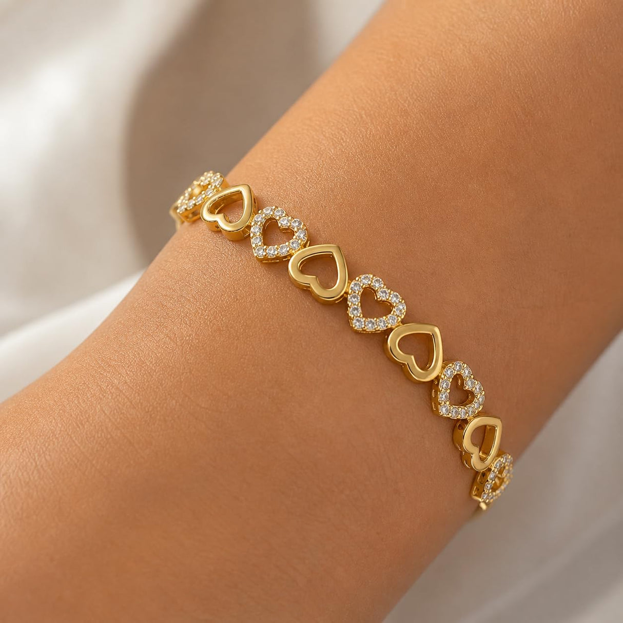 Amy & Annette 14K Gold Plated Heart Bangle Bracelet for Women with Crystals - Adjustable Gold Bangles, Heart Bracelets for Women, Cute Bangle, Gold Plated Bracelets