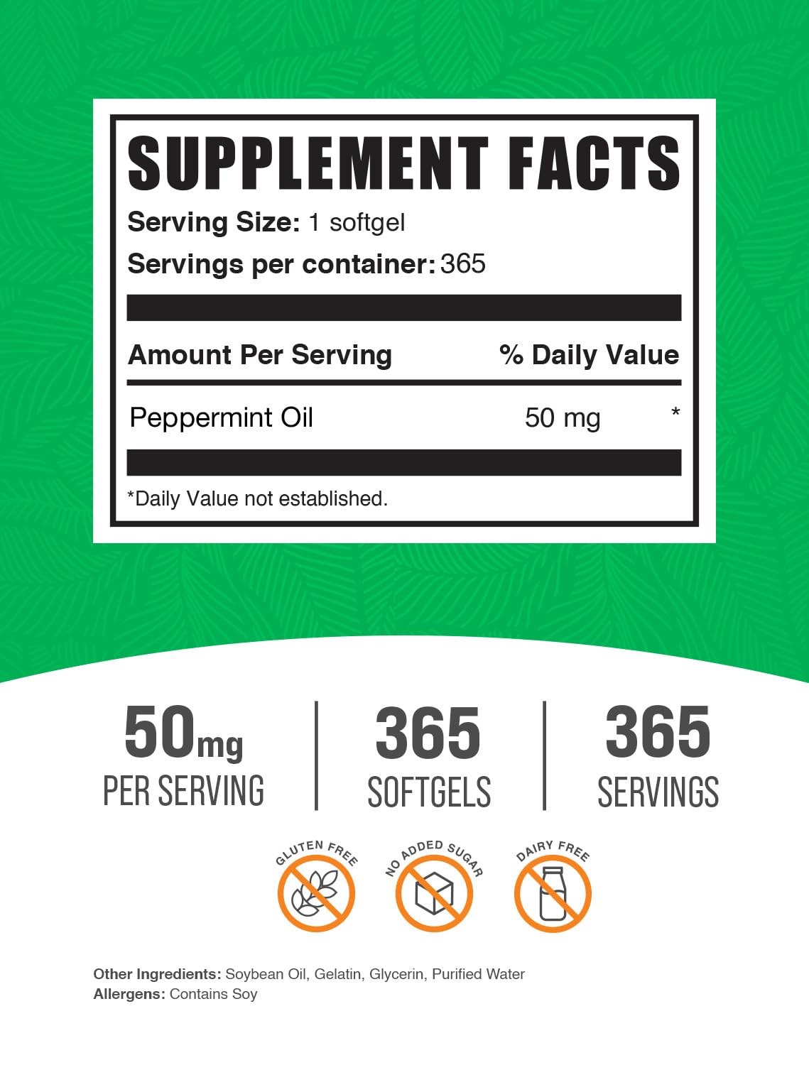 BulkSupplements.com Peppermint Oil Softgels - Peppermint Supplement, Peppermint Oil Pills, Peppermint Oil Capsules 50mg - Gluten Free, 1 Softgel per Serving, 365 Count (Pack of 1)