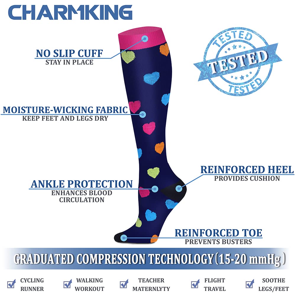 CHARMKING Compression Socks for Women & Men (8 Pairs) 15-20 mmHg Graduated Copper Support Socks are Best for Pregnant, Nurses - Boost Performance, Circulation, Knee High & Wide Calf (S/M, Multi 06)
