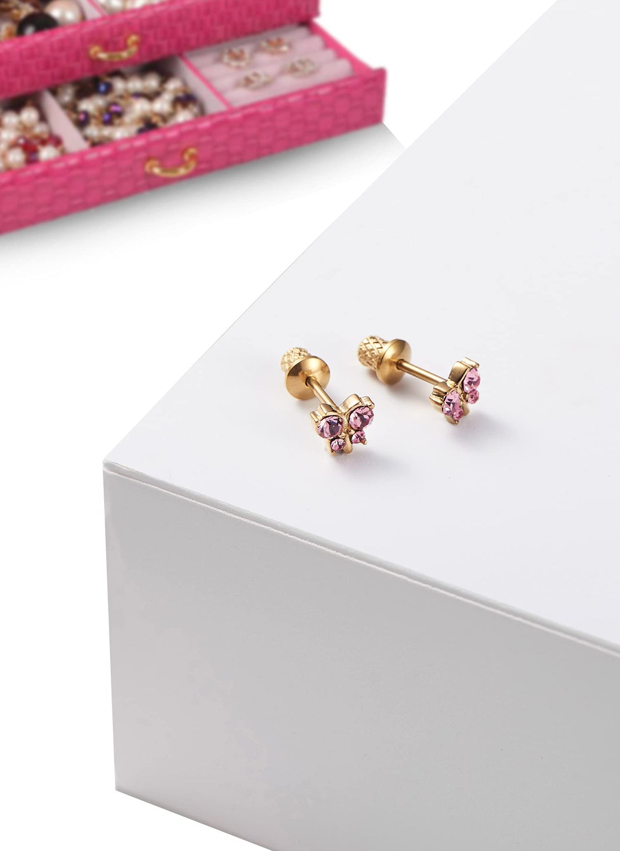 Reggetta Jewelry - Hypoallergenic 18k Gold Plated Butterfly Stud Earrings for Girls, Stainless Steel, with Safety Backs, Pink