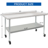 HARDURA Stainless Steel Table 30 x 60 Inches with Wheels Casters NSF Heavy Duty Commercial Prep Table with 2” Backsplash and Adjustable Undershelf for Restaurant Kitchen Home and Hotel