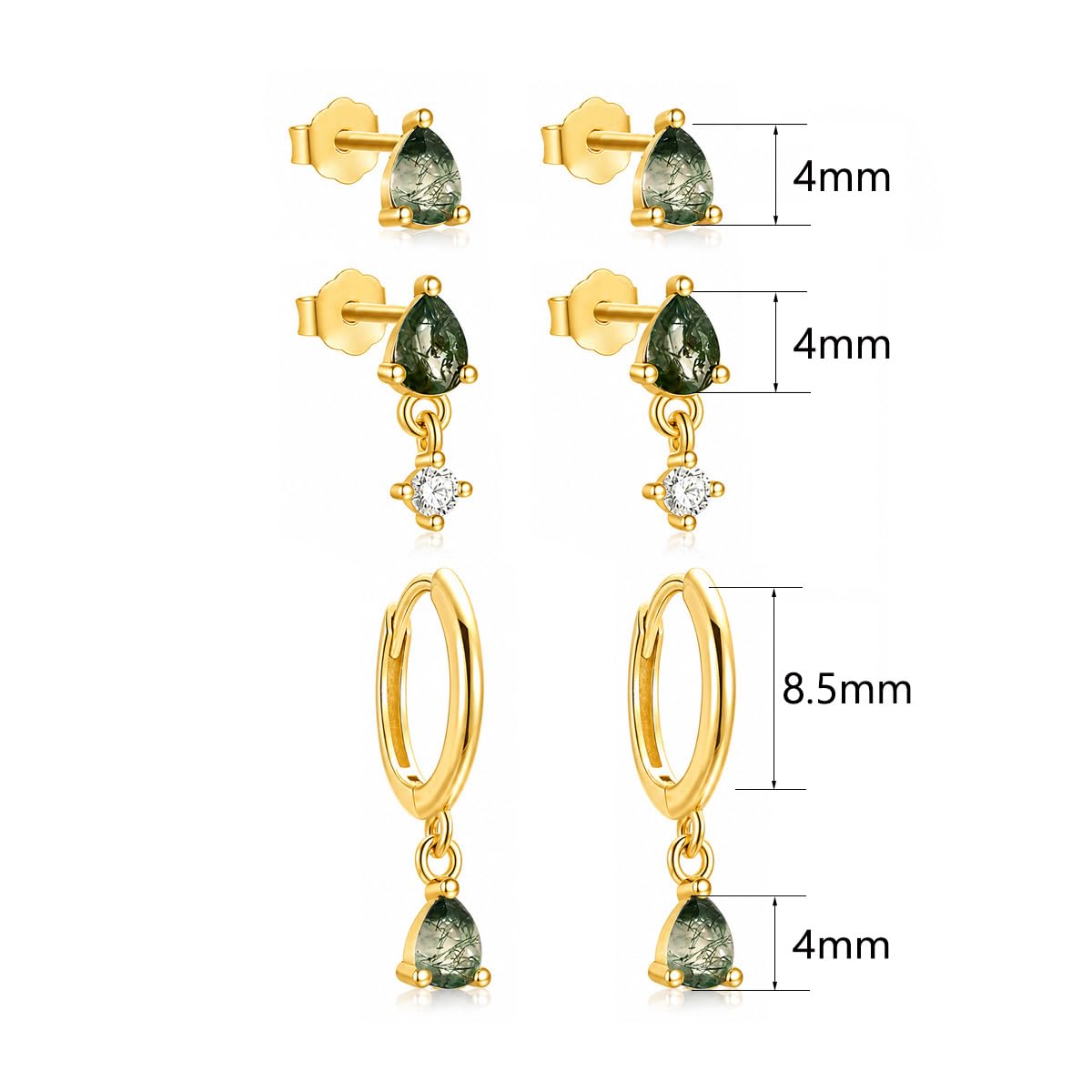 Moss Agate Gold Earrings for Women Set Stud Earring Stacks 14k Gold Plated Hypoallergenic Huggie Hoop Earrings Set Green Gemstone Dangle Earring Golden Jewelry Gifts For Women