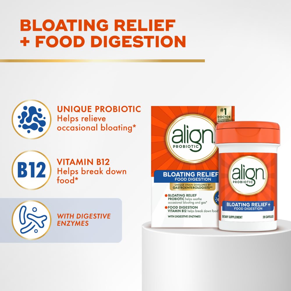 Align Probiotic Bloating Relief + Food Digestion, Probiotics for Women and Men, #1 Doctor Recommended Brand‡, Promotes Digestive Health and Helps Support the Metabolism of Food*, 28 Capsules
