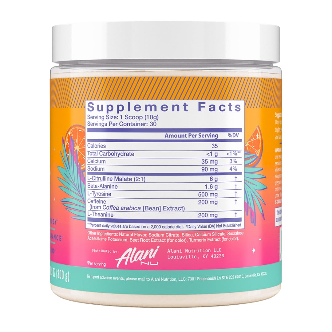 Alani Nu Pre Workout Powder Orange KISS, Amino Energy Boost, Endurance Supplement, Sugar Free, 200mg Caffeine, L-Theanine, Beta-Alanine, Citrulline, 30 Servings
