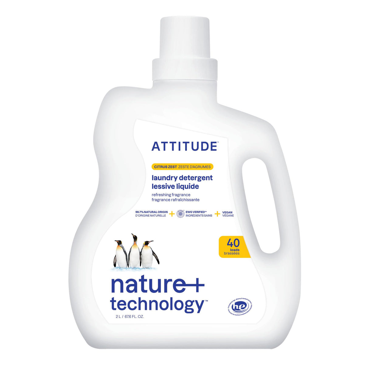 ATTITUDE Liquid Laundry Detergent, EWG Verified, HE Compatible, Plant-Based & Vegan, Natural Laundry Soap, Citrus Zest Scent, 40 Loads, 67.6 Fl Oz