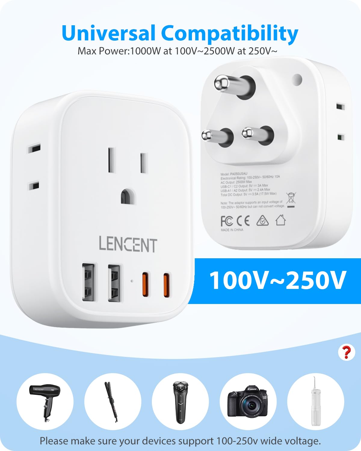 LENCENT US to India Power Plug Adapter, Indian Travel Adaptor with 4 O ...