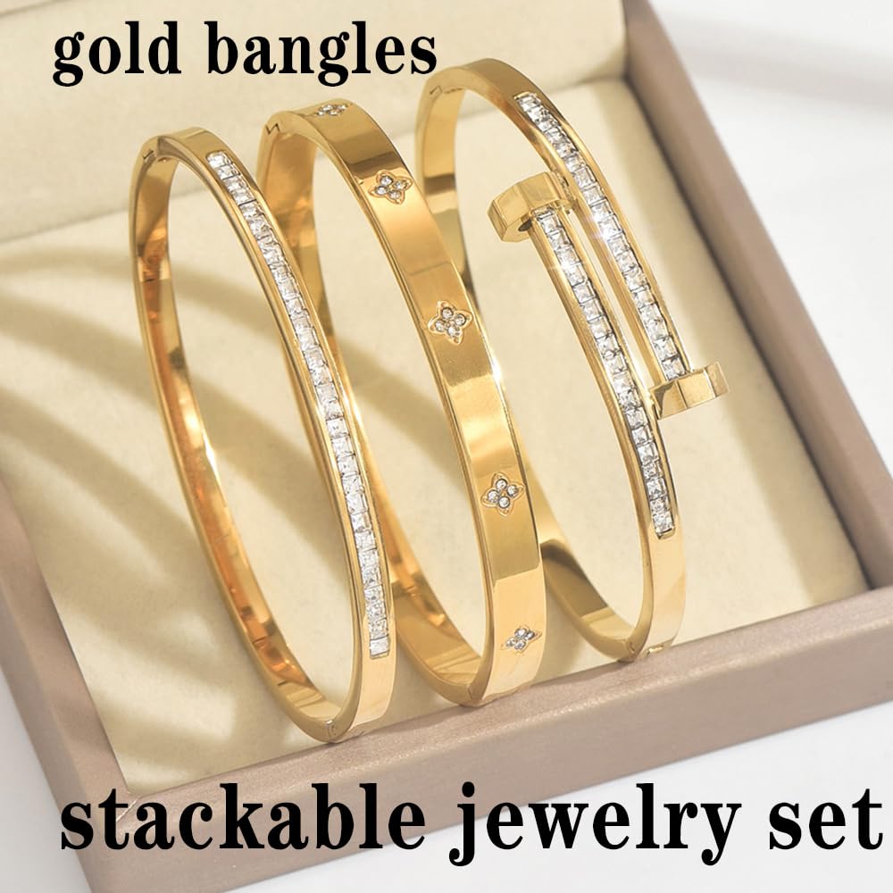 Xigocorsn Gold Bangles Bangle Bracelets Set for Women, genuine gold electroplating 3 Piece Elliptical Design with Cubic Zirconia Accents, 2.36 Inch Diameter, Waterproof Stainless Steel