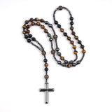 LIYAPEI Rosary Necklace, Catholic Rosary Beads with Tiger Eye, Obsidian, and Hematite for Women and Men Triple Protection Necklace An Anxiety Relief Beaded Necklace. (Tiger Eye Red)
