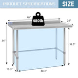 Hally Open Base Stainless Steel Table 24 x 48 Inches, NSF Commercial Heavy Duty Prep & Work Table with Backplash and Galvanized Legs for Restaurant, Home and Hotel
