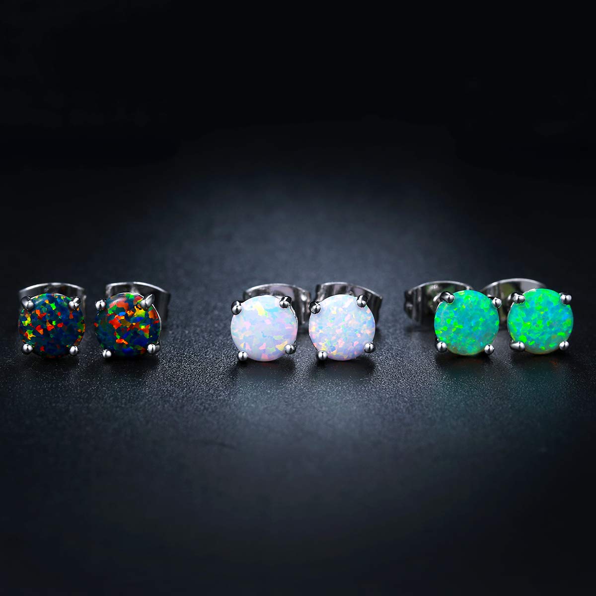 Barzel 18K White Gold Plated Black, White & Green Created Opal Stud Earrings 3 Pack Set, 6MM (Multicolor)
