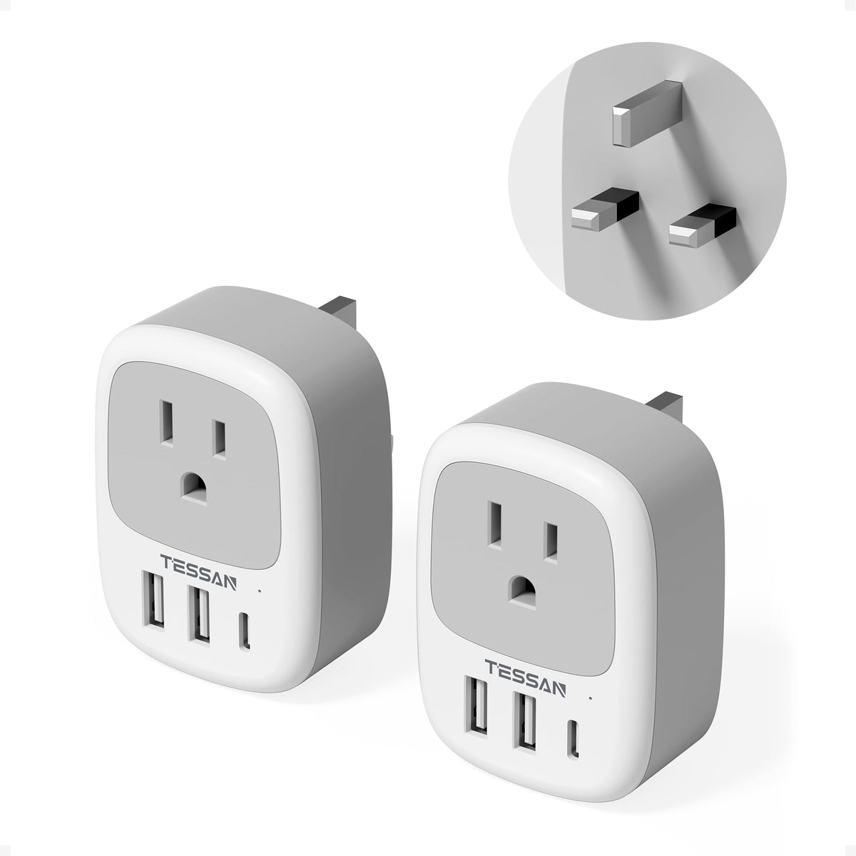 2 Pack UK Adapters for Travel, TESSAN Ireland Plug Adapter with 3 USB ...
