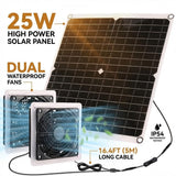 25W Solar Powered Fan for Chicken Coop, Greenhouse, Shed, Upgraded 16.4ft Long Cable Dual Exhaust Fan Kit, IP67 Waterproof Outdoor Solar Fan for Dog House RV Attic Ventilation