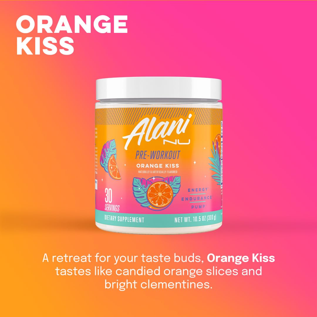 Alani Nu Pre Workout Powder Orange KISS, Amino Energy Boost, Endurance Supplement, Sugar Free, 200mg Caffeine, L-Theanine, Beta-Alanine, Citrulline, 30 Servings