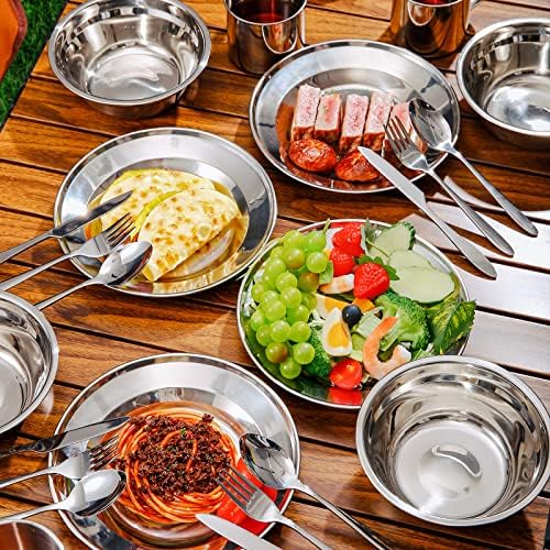 Odoland 29pcs Stainless Steel Utensils Camping Tableware Kit with Bowls Plates Cups Forks Spoons and Knives for 4, Cutlery Flatware Set for Backpacking, Outdoor Camping Hiking and Picnic