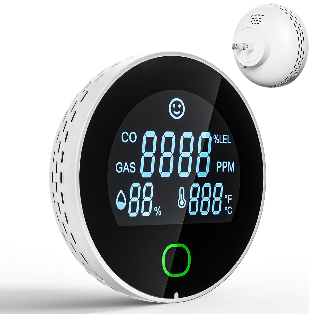 4 in 1 Carbon Monoxide Detectors Plug in, Natural Gas Leak & Carbon Monoxide Detectors, Dual Alarms and HD Screen Display with CO/Gas/Temperature/Humidity for Home/Travel/RV