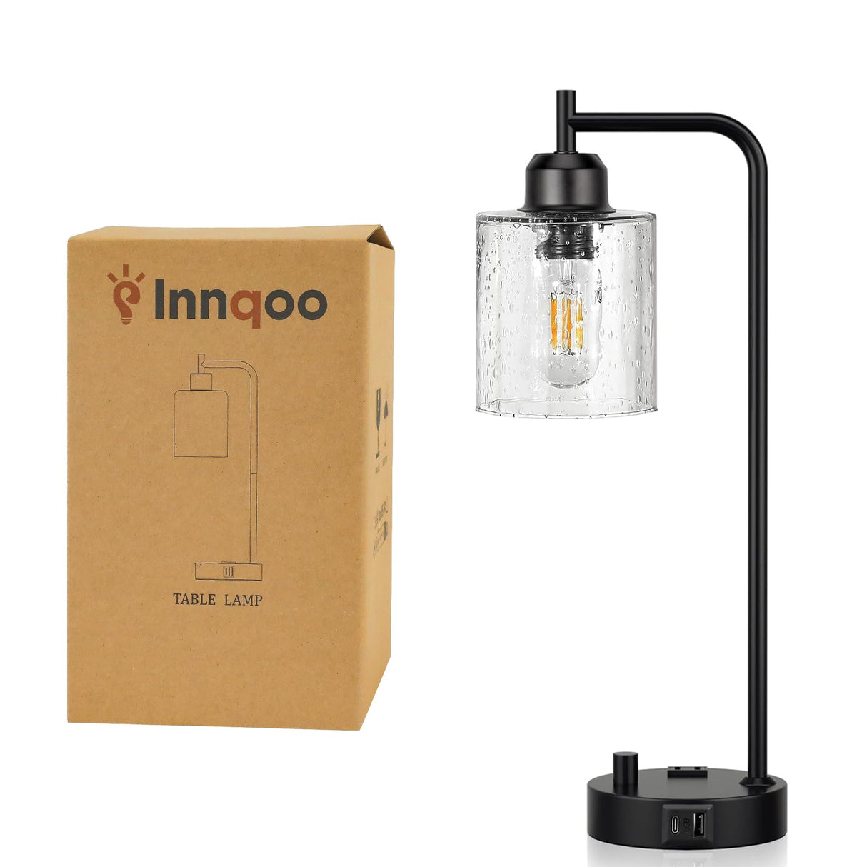 Industrial Bedside Table Lamp for Bedroom - Nightstand Lamps with USB C Charging Port, Fully Dimmable Black Ports and Outlets, Small Desk Glass Shade Office Living Room
