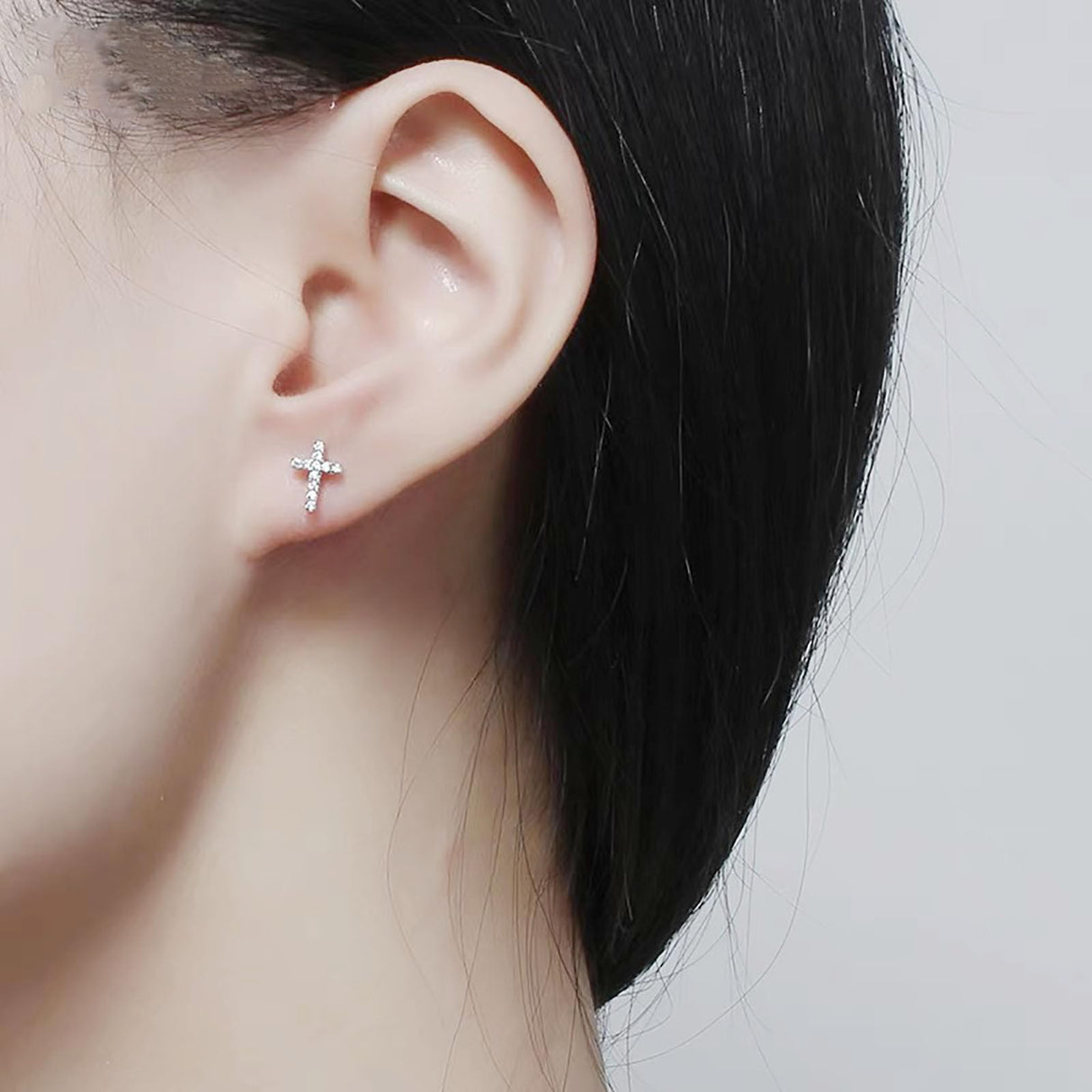 14K Hypoallergenic White Gold Plated Small Cross Silver Stud Earrings