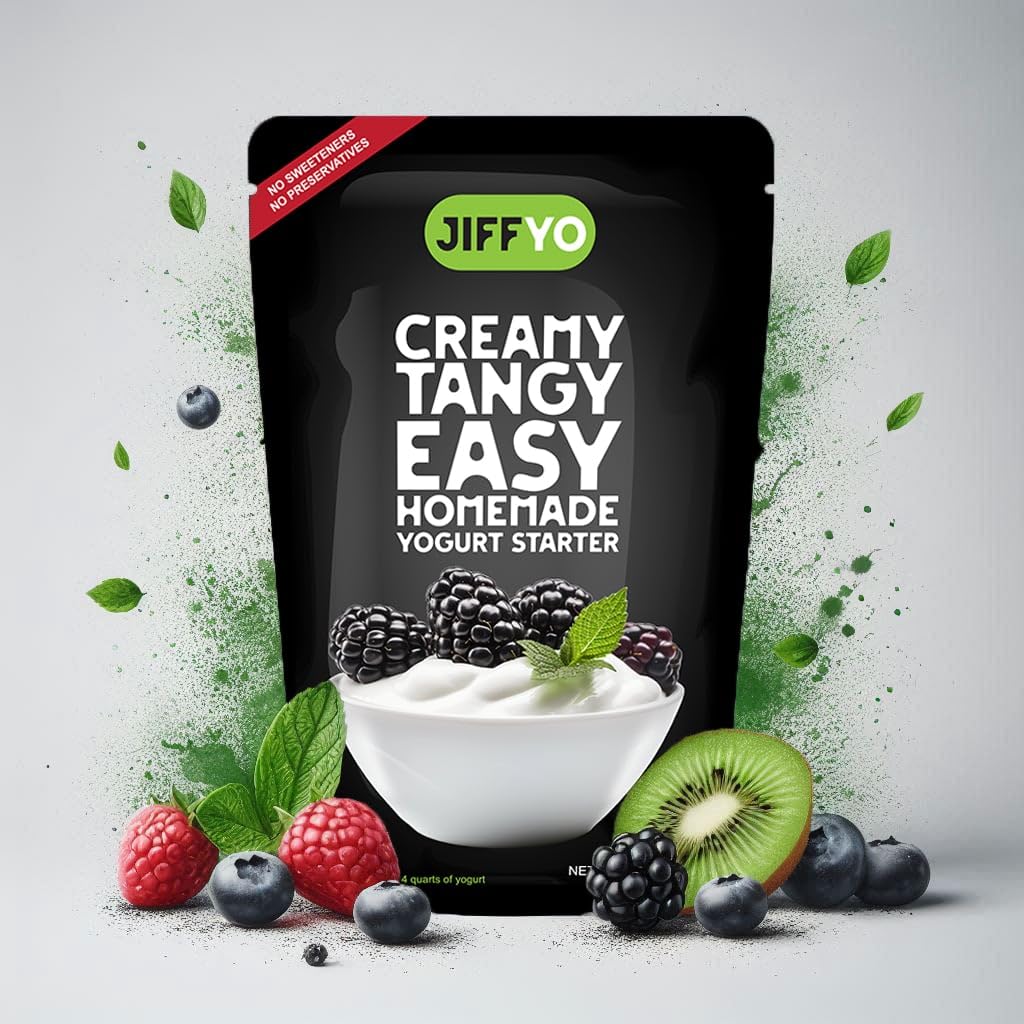 JiffYO Creamy Tangy Easy Homemade Yogurt Starter, 5 Packets, each Packet Makes 1 Gal (4 quarts) of Delicious Homemade Yogurt. No Preservaties or Sweeteners.