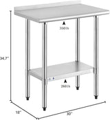 ROCKPOINT Stainless Steel Table for Prep & Work with Backsplash 18x30 Inches, NSF Metal Commercial Kitchen Heavy Duty Table with Adjustable Under Shelf and Table Foot for Restaurant, Home and Hotel
