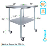 AmGood 30 in. x 36 in. Stainless Steel Work Table with Wheels | Metal Kitchen Food Prep Table | NSF