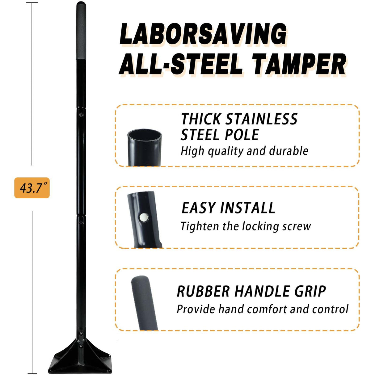 Steel Tamper Tool with 48 inch Handle，10''x10'' Hand Tamper