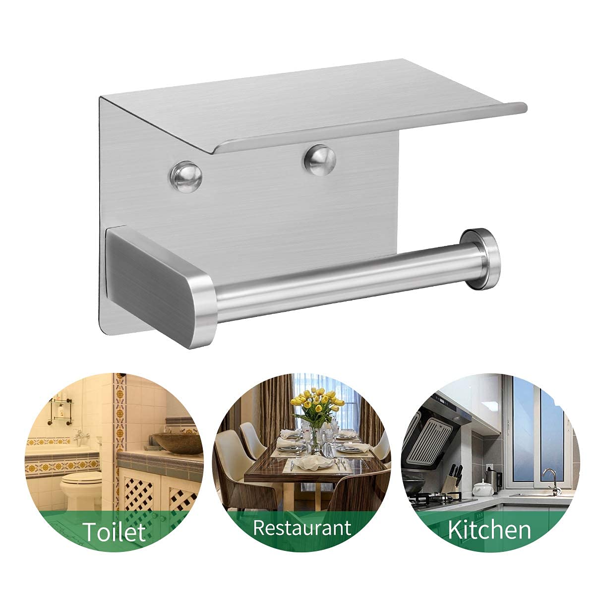 VAEHOLD Self Adhesive Toilet Paper Holder with Phone Shelf Stainless Steel Wall Mounted Toilet Paper Roll Holder - Rustproof and Bathroom Washroom Tissue Roll Holder with Storage Shelf - Silver