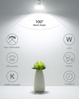 Lepro Non-Dimmable GU10 LED Light Bulbs, 5000K Daylight White GU10 Bulb Replacement for Recessed Track Lighting, 4W LED Bulbs with 100°Flood Beam for Kitchen, Range Hood, Living Room, Bedroom, 6 Pack
