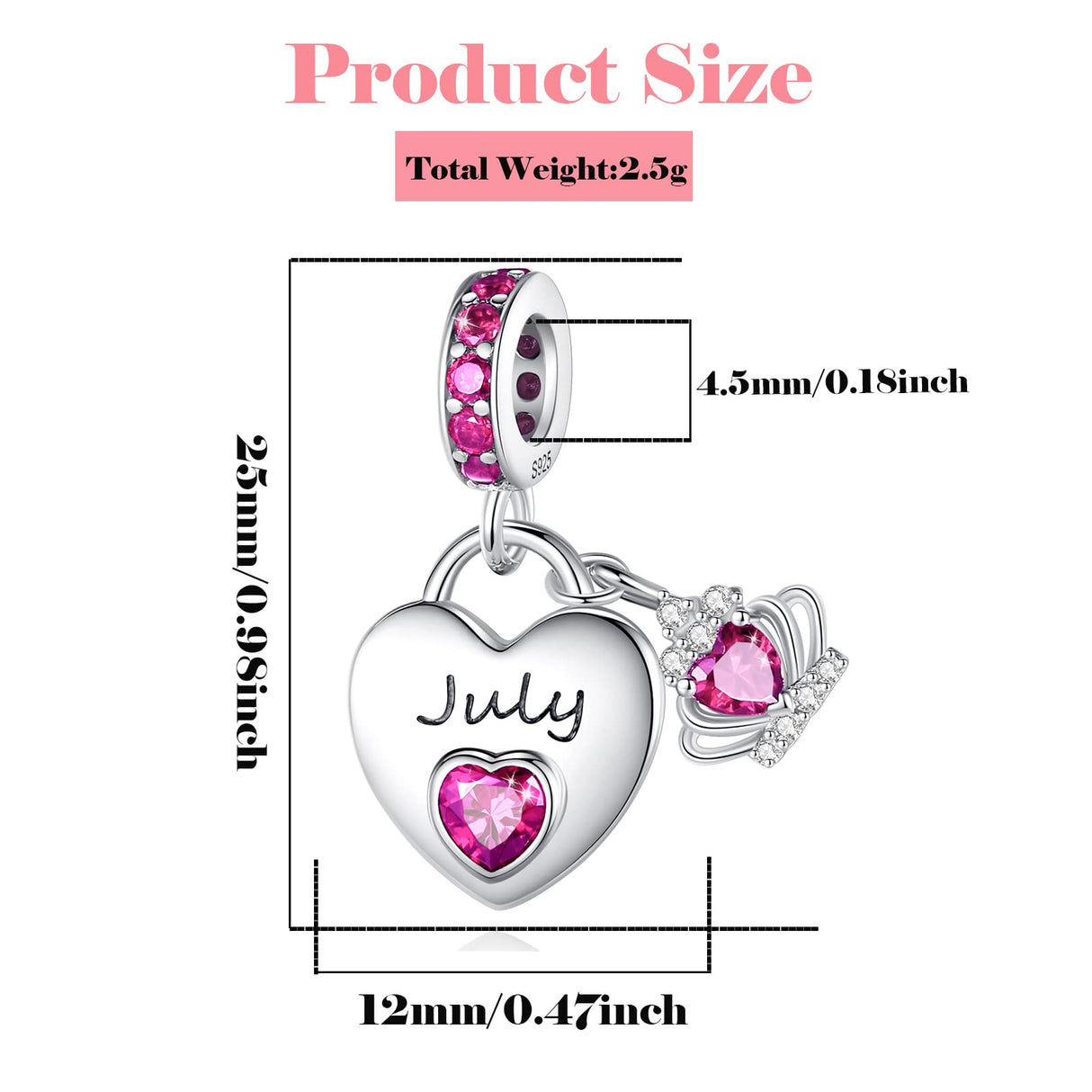 Birthstone Dangle Charms: 925 Sterling Silver Heart Bead Charms for Pandora Bracelets and Necklaces, Birthday Mother's Day Christmas Jewelry Gifts For Women (July)