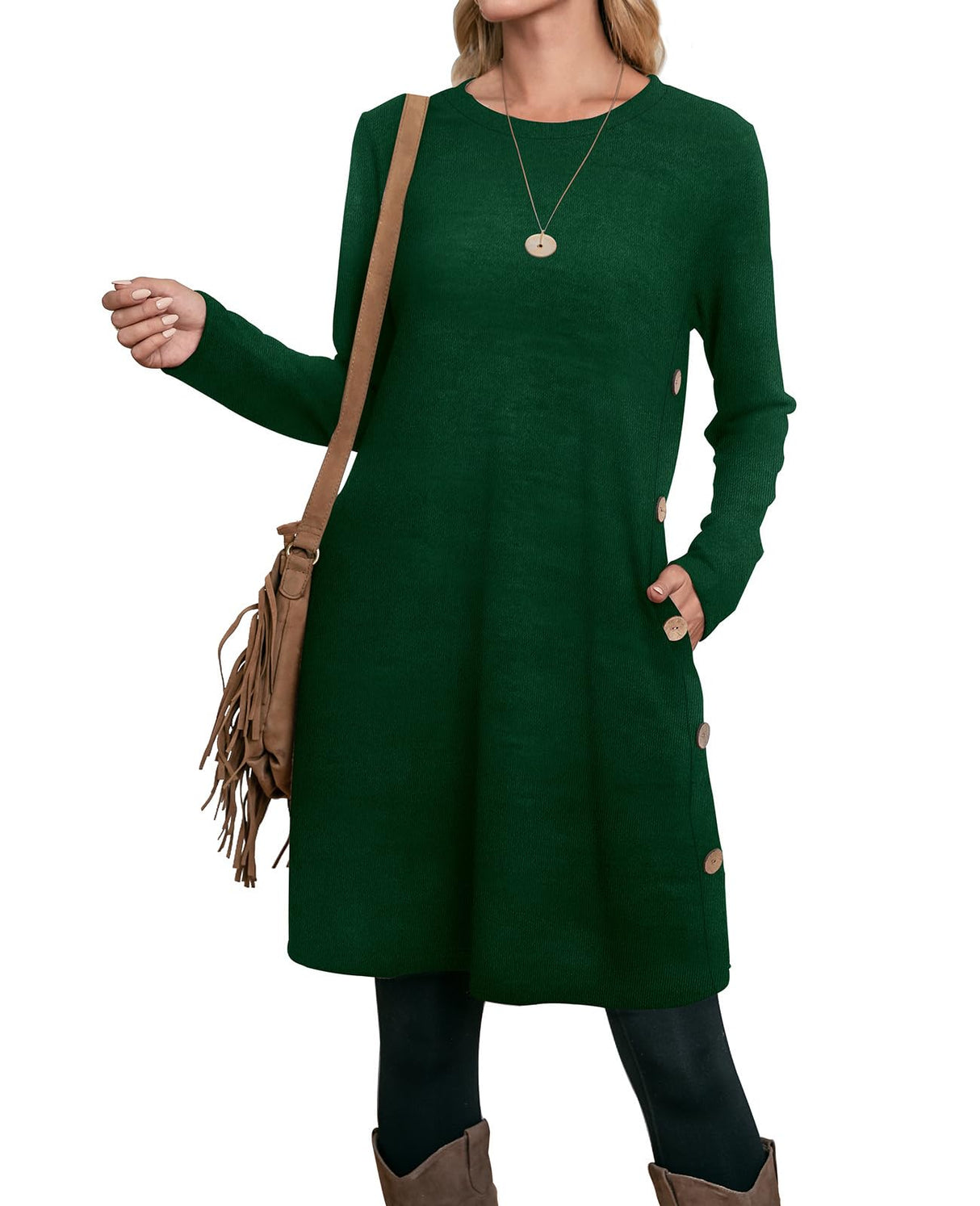 OFEEFAN Long Sleeve Dress for Women Sweater Dresses Christmas Dresses Emerald Green Dress L