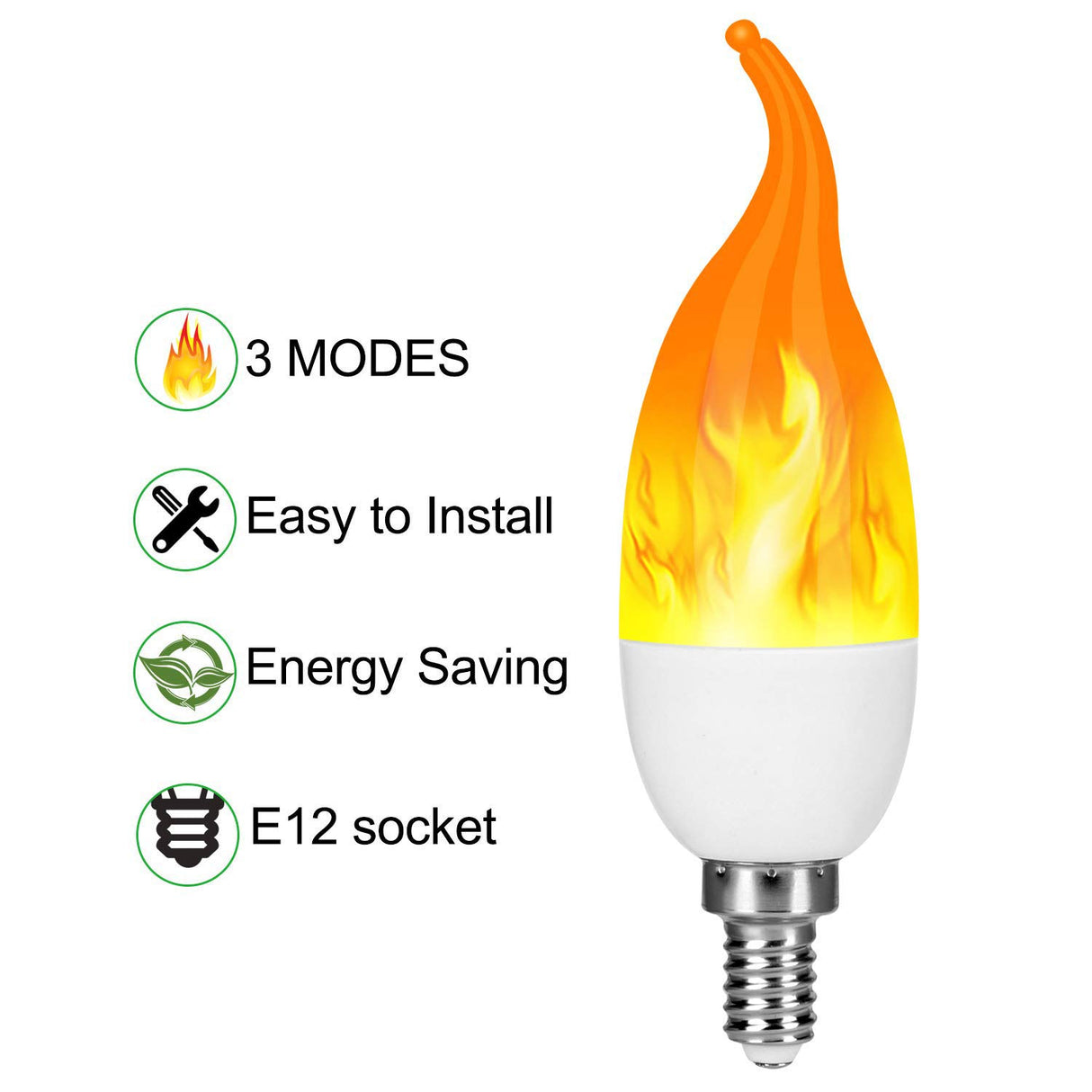 Venforze E12 6 Pack 3 Mode LED Candelabra Flame Light Bulbs, 1.2W Warm White, 1800k Candle Light, Flame Tip for Christmas Party Decorations