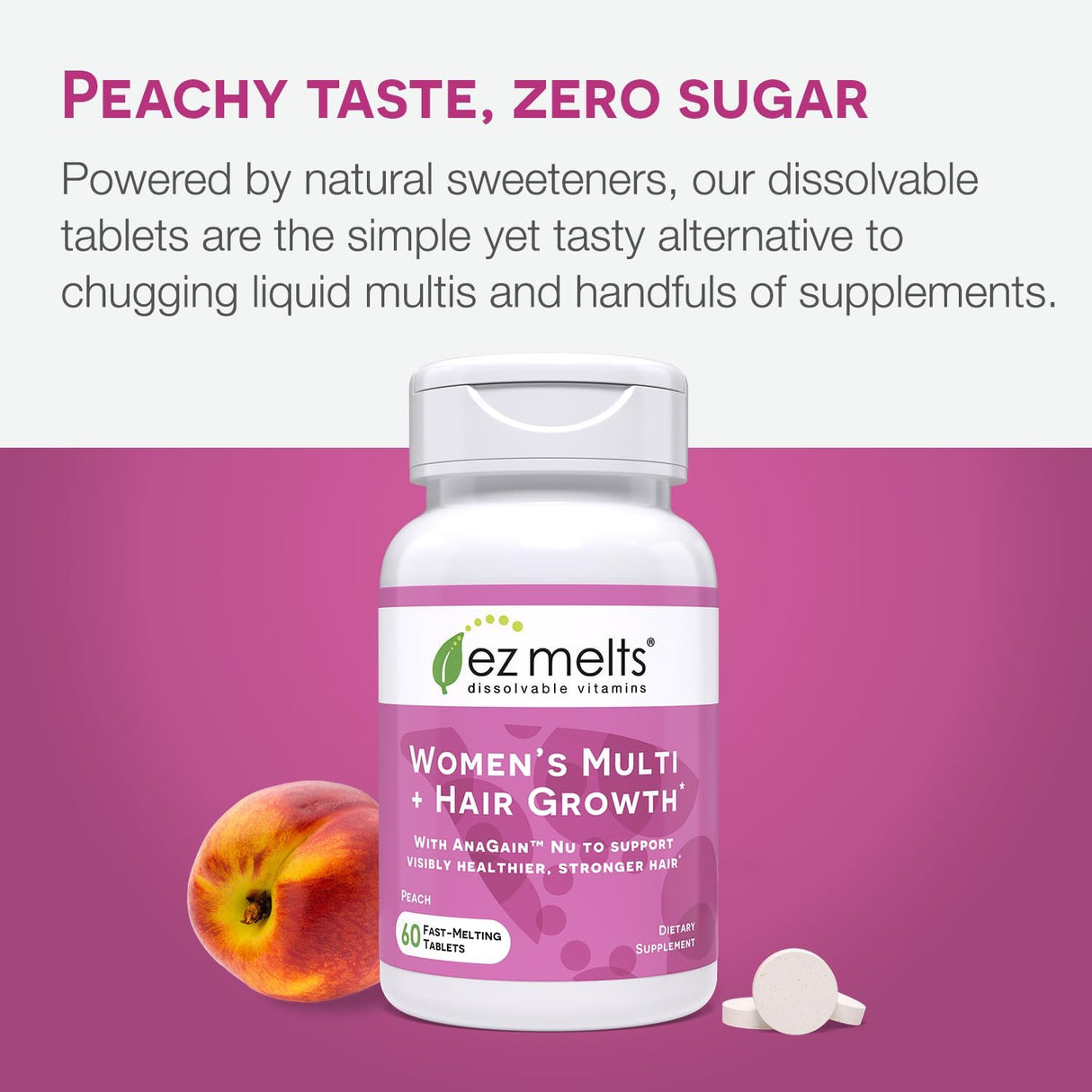 EZ Melts Dissolvable Women’s Multivitamin + Hair Growth with Biotin, Bamboo Extract & Clinically Studied AnaGain Nu, Supports Visibly Healthier, Stronger Hair, Sugar-Free Peach Flavor, 1-Month