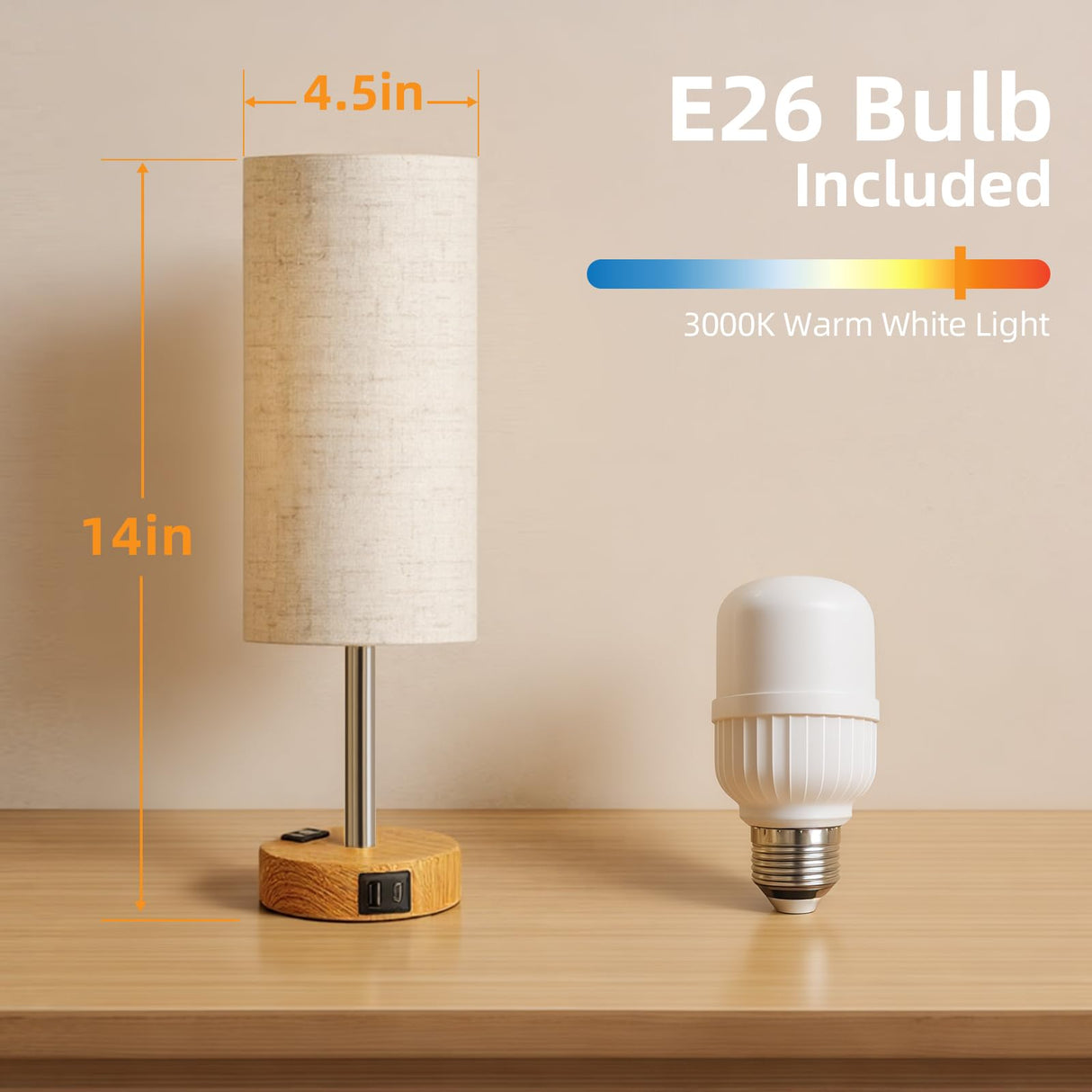 Fitfull Table Lamp for Nightstand, High-Sensitivity Touch, 3-Level Dimmable Bedside Lamp with AC Outlet | USB | and USB-C, Ideal Night Stand Lamp for Bedroom, Reading, Living Room(Warm&Wooden)