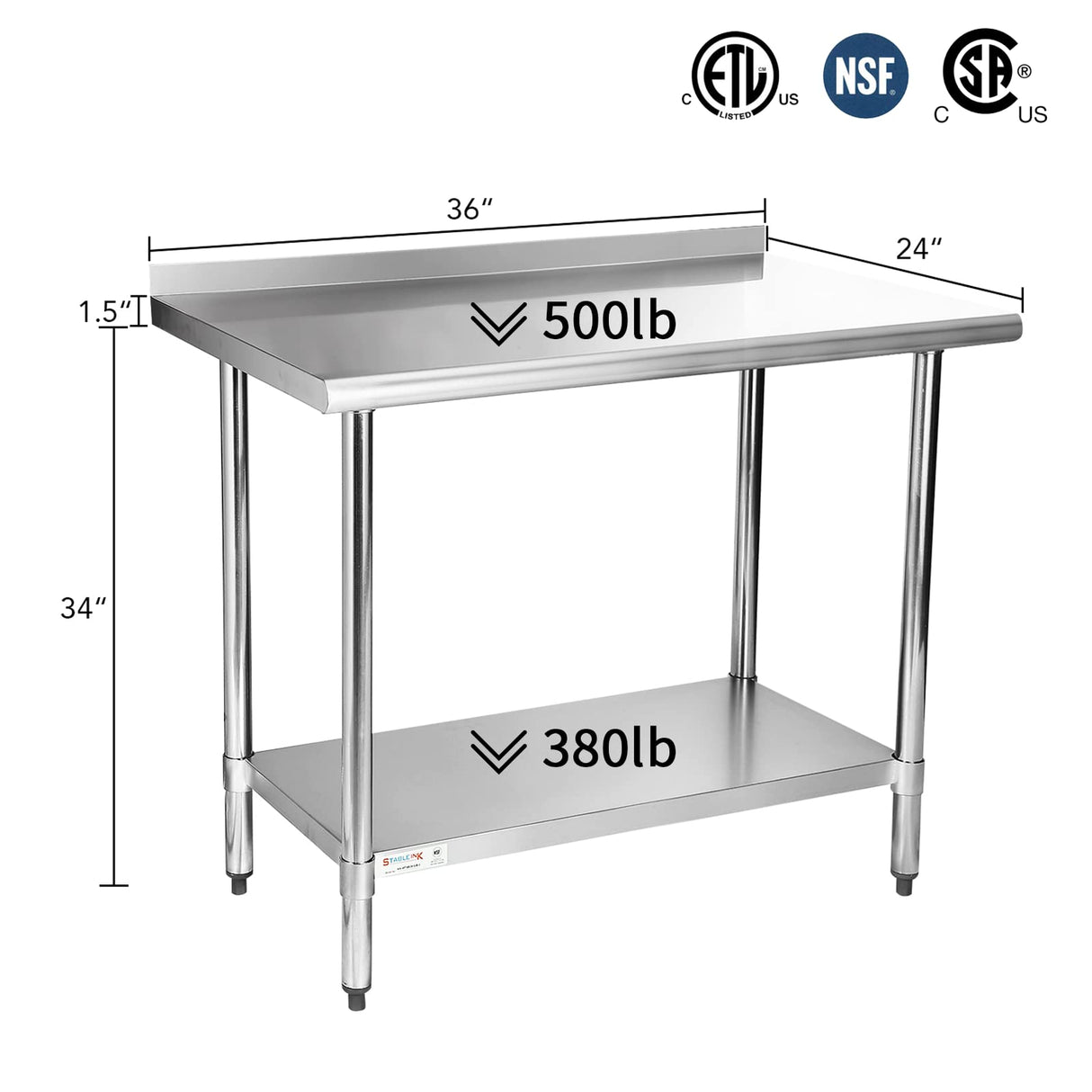 STABLEINK NSF Stainless Steel Prep & Work Table 36x24 Inches, Heavy Duty Metal Table with Backsplash and Undershelf for Commercial Kitchen, Restaurant, Home, Laundry Room and Garage