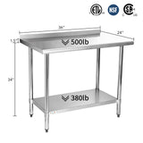 STABLEINK NSF Stainless Steel Prep & Work Table 36x24 Inches, Heavy Duty Metal Table with Backsplash and Undershelf for Commercial Kitchen, Restaurant, Home, Laundry Room and Garage