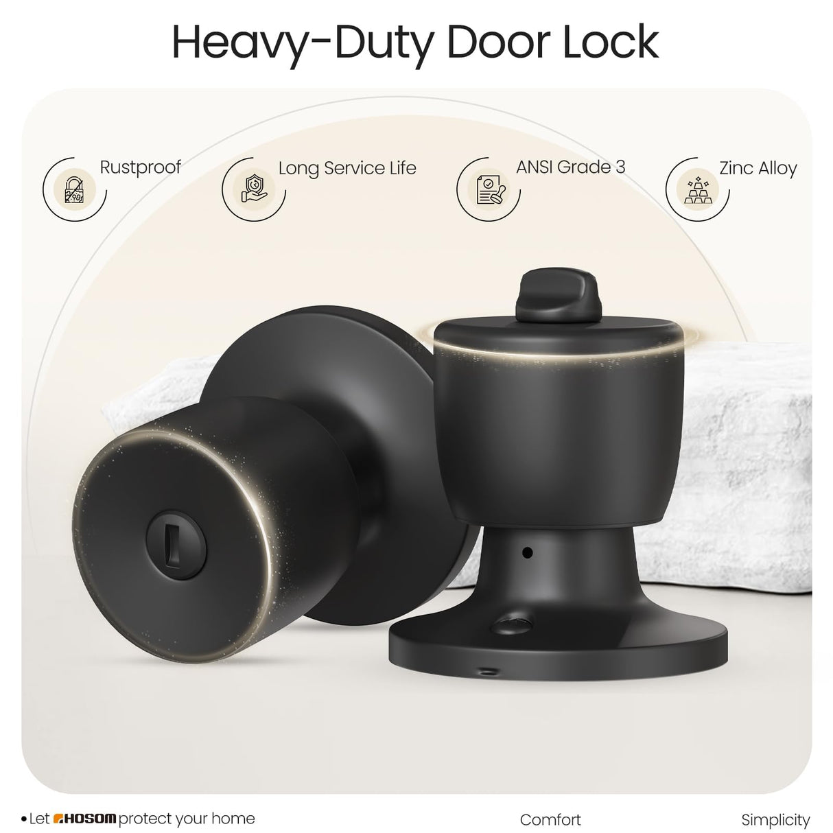 HOSOM Door Knobs Interior Privacy Door Knob Bedroom Bathroom Door knobs with Lock Keyless Doorknobs, Matte Black Door Handles, 10 Pack