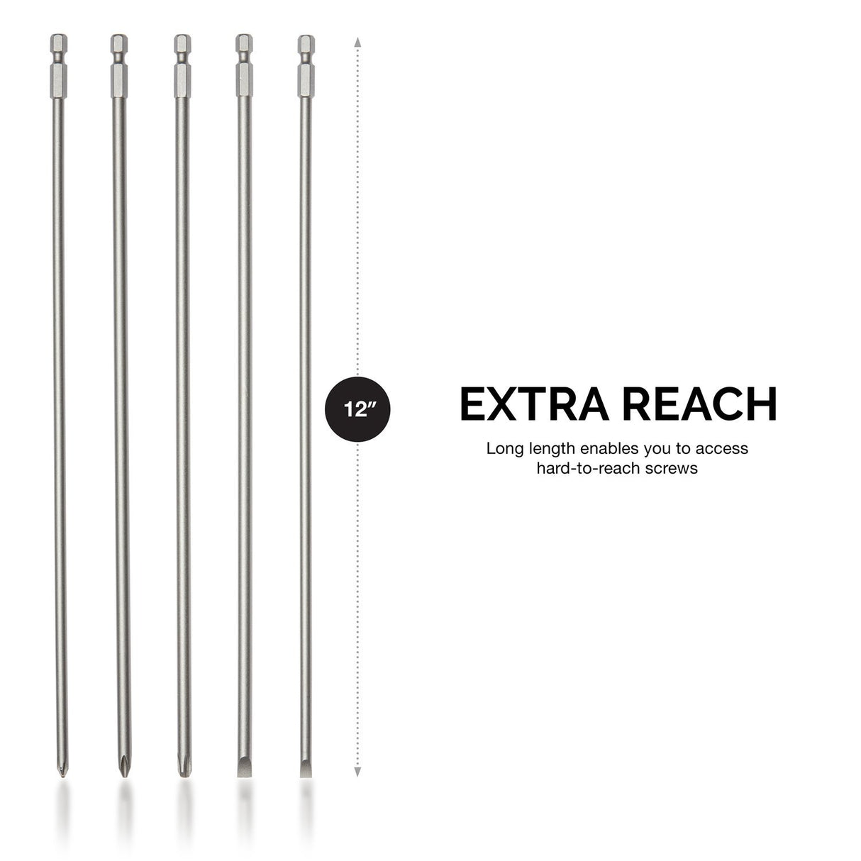 NEIKO 10043A Extra Long Bit Set | 5-Piece | Cr-V Steel | 12-Inch Length Phillips and Slotted Screwdriver Bits |1/4-Inch Hex Shank | Power Driver Bit Set