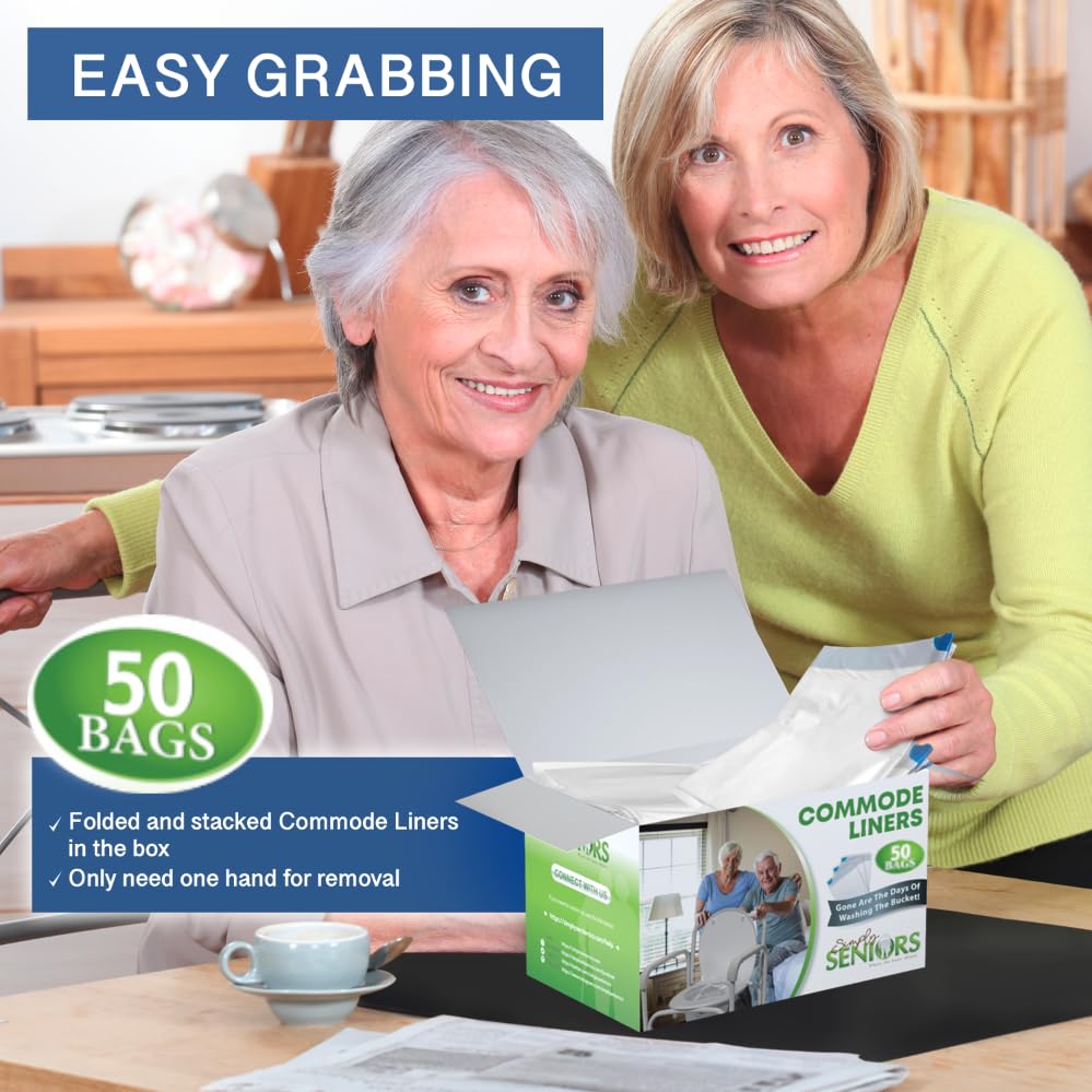 Commode Liners - 50 Strong Portable Toilet Bags - Easy to Use Bedside Commode Liners Disposable - Toilet Liners That Support Dignity of Seniors & Disabled - No More Buckets to Wash - NO Absorbent Pad