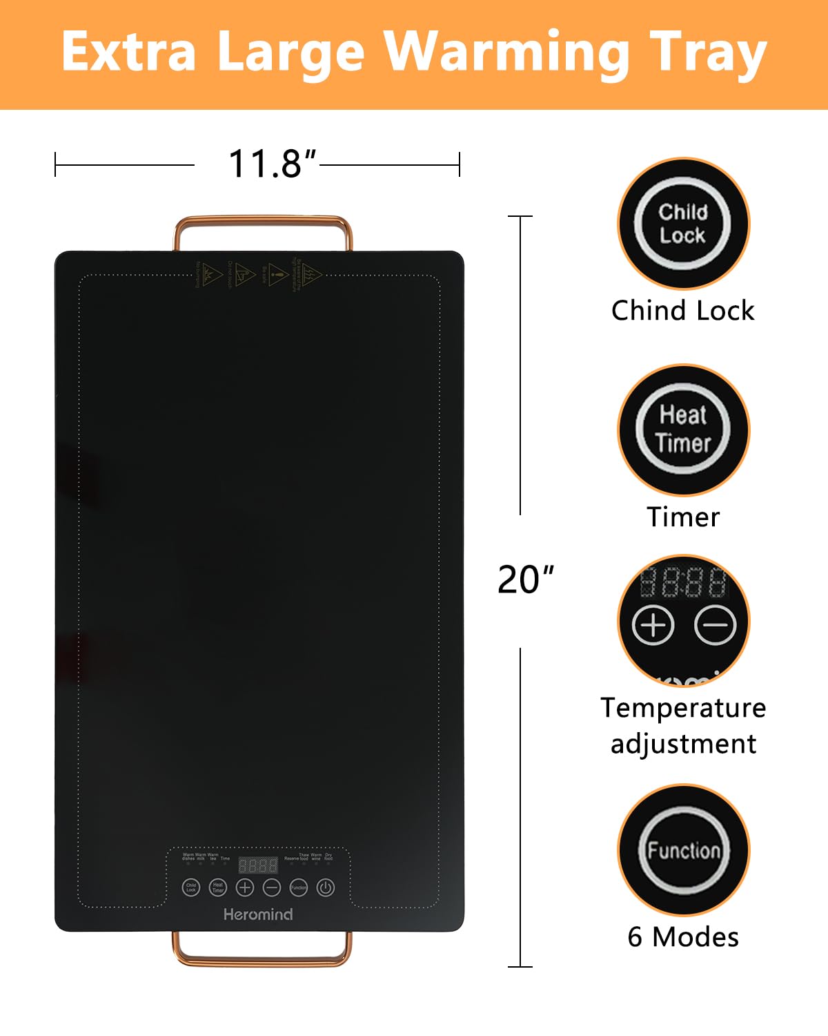 Electric Warming Tray 20" x 12", Glass-Top Full-Surface Food Warmer with Adjustable Temperature & Timer, Warming Trays for Buffets Party, Sabbath, Holiday Parties, Daily Dining